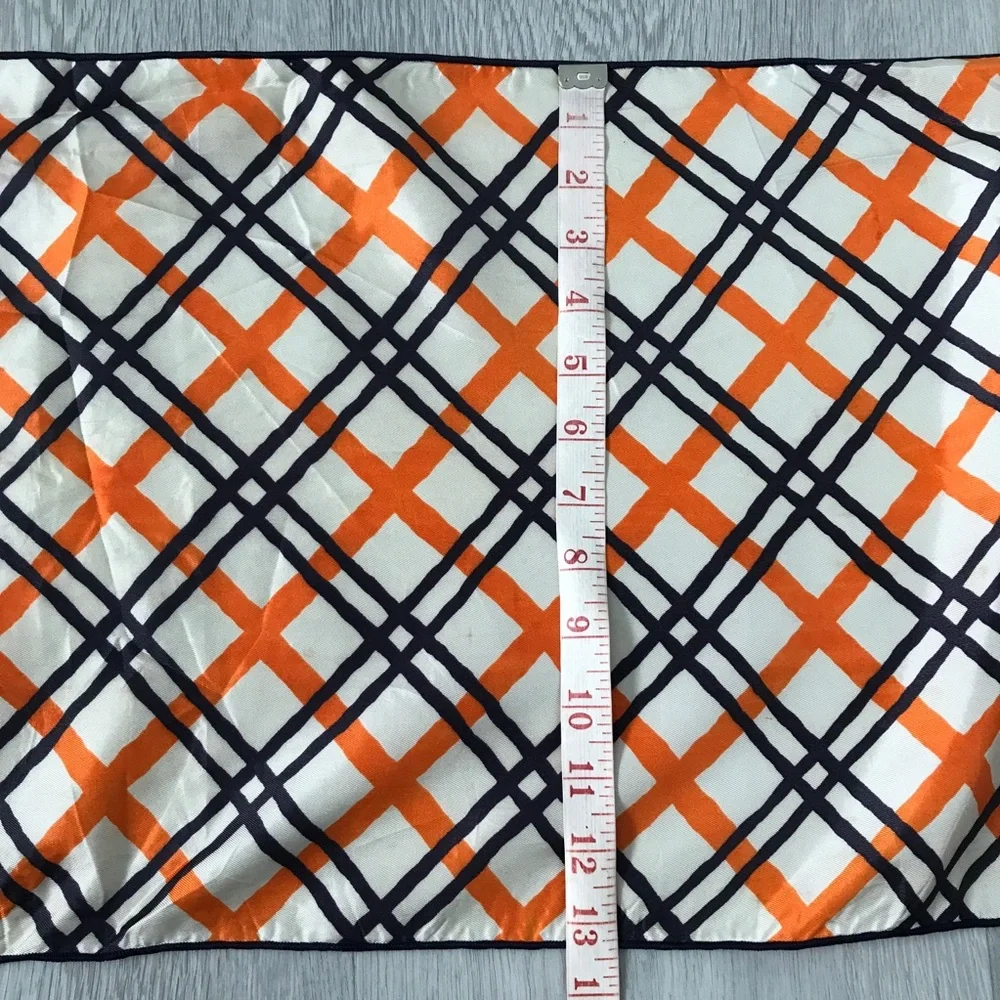 SCARF NAVY IVORY ORANGE NOVA CHECK SATIN FRINGE HEM